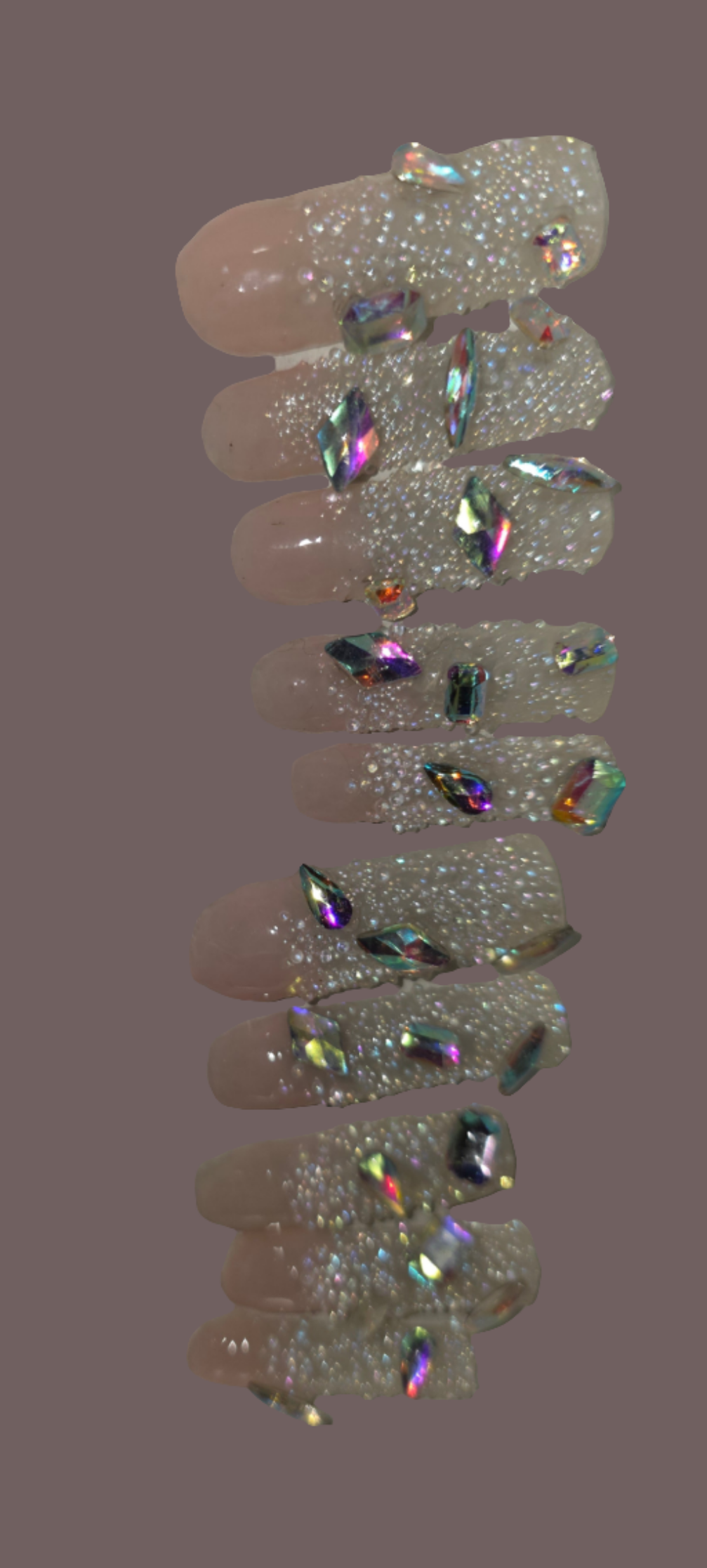 Shown in Photo: Size Medium 10 Nails Rinestone and Pixie Crystals - Extra Long Square in Length - Gloss Finish