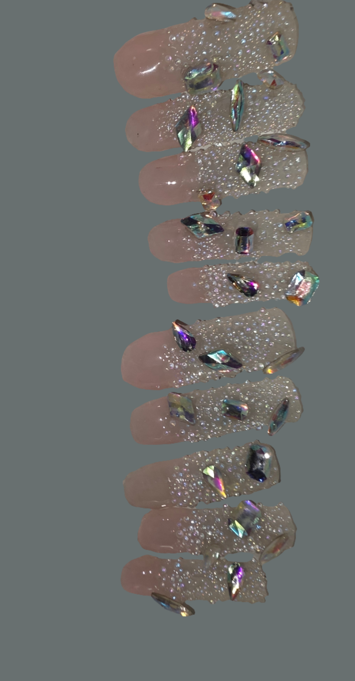 Shown in Photo: Size Medium 10 Nails Rinestone and Pixie Crystals - Extra Long Square in Length - Gloss Finish