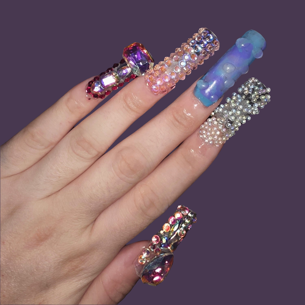 Size shown medium: 10 Nails w/ Rinestones and Pixie Crystals/Pink,Blue,Purple, Aurora Borealis/ Big Rinestones and Little Shaped Mix & Pink - Length Xlong Square