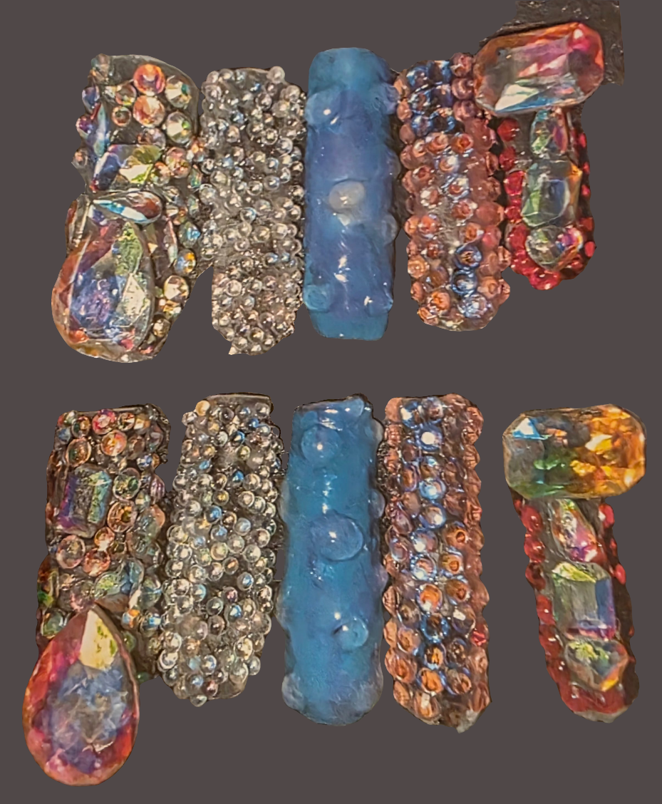 Size shown medium: 10 Nails w/ Rinestones and Pixie Crystals/Pink,Blue,Purple, Aurora Borealis/ Big Rinestones and Little Shaped Mix & Pink - Length Xlong Square