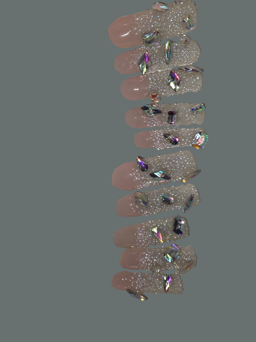 Shown in Photo: Size Medium 10 Nails Rinestone and Pixie Crystals - Extra Long Square in Length - Gloss Finish