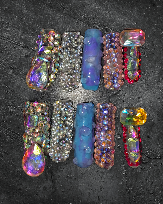 Size shown medium: 10 Nails w/ Rinestones and Pixie Crystals/Pink,Blue,Purple, Aurora Borealis/ Big Rinestones and Little Shaped Mix & Pink - Length Xlong Square