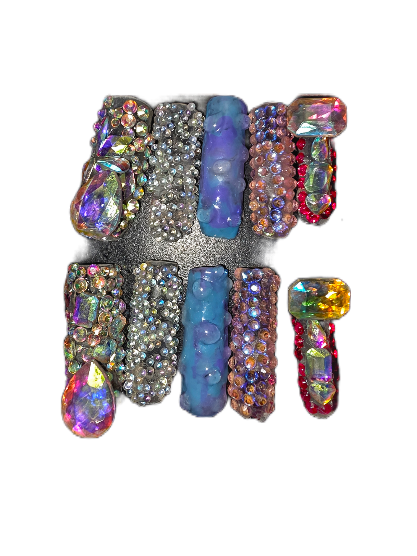 Size shown medium: 10 Nails w/ Rinestones and Pixie Crystals/Pink,Blue,Purple, Aurora Borealis/ Big Rinestones and Little Shaped Mix & Pink - Length Xlong Square